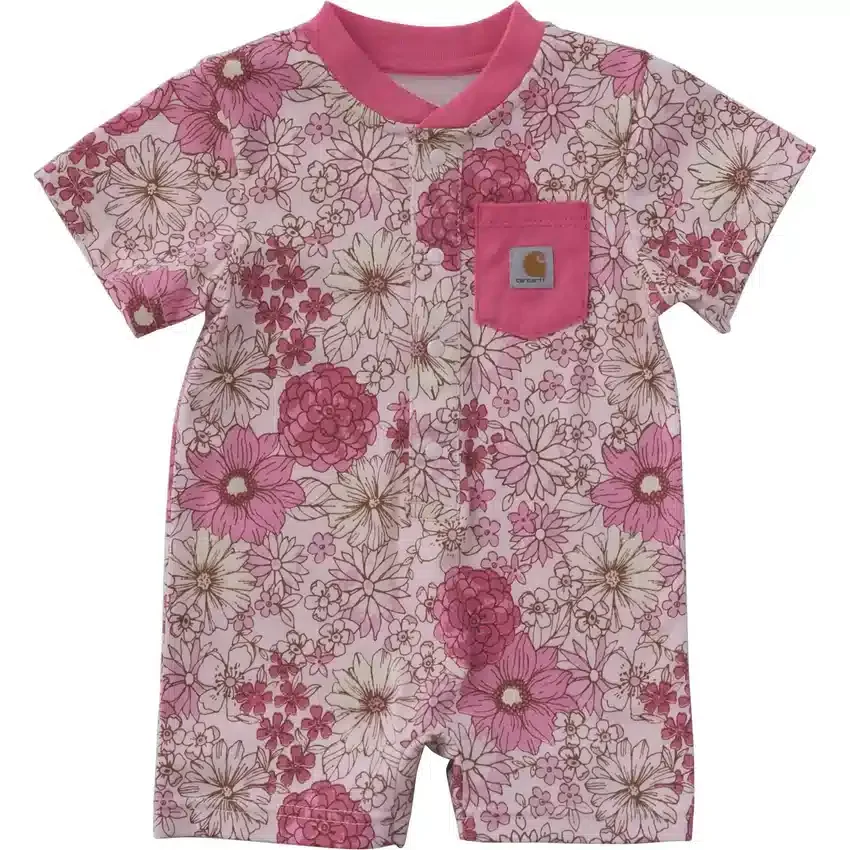 Kortærmet blomstermønstret Henley-romper med lommer for jenter (baby)